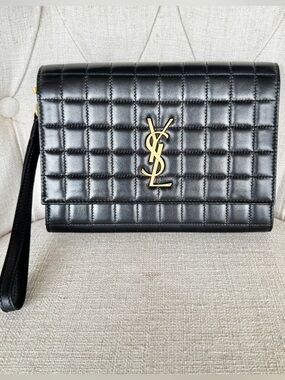 ✨ AUTH Saint Laurent Carré Quilted Cassandre Pouch/Clutch in Black Lambskin ✨